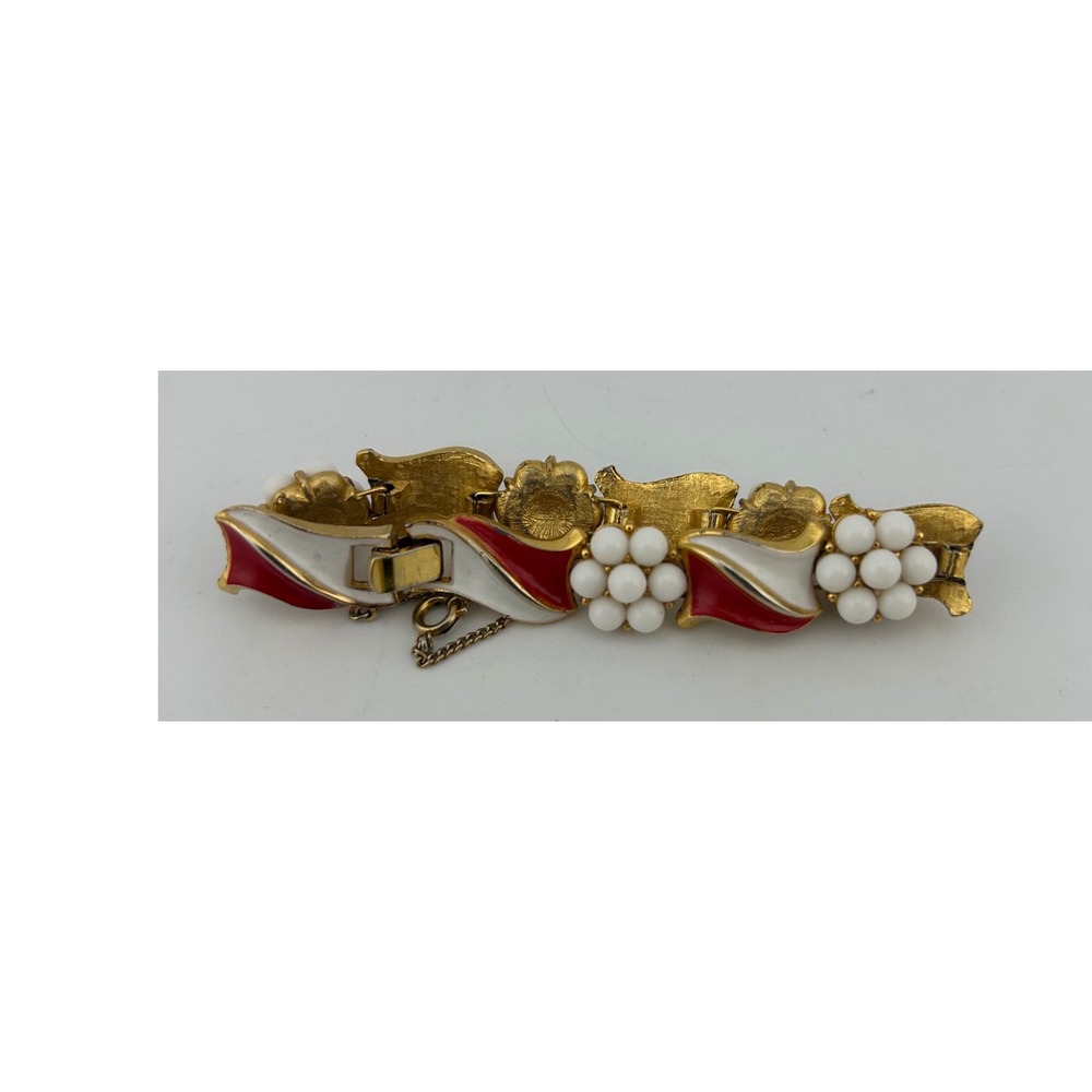 Trifari Vintage Gold Tone Red White Enamel Flower Link Bracelet‎